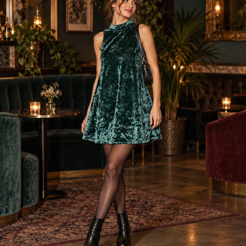 Arizona Jean Co Womens Emerald Green Crushed Velvet Mock Neck Mini Swing Dress